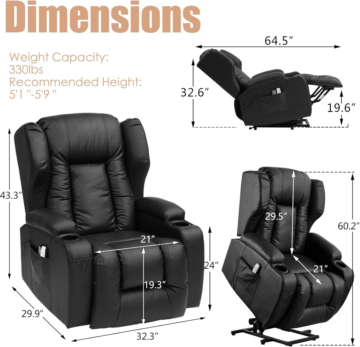 IPKIG Power Lift Chairs Recliners for Elderly with Massage and Heated, Faux Leather Power Recliner Chair with USB Ports/2 Remote Control/4 Side Pocket for Living Room, Bedroom (Black)