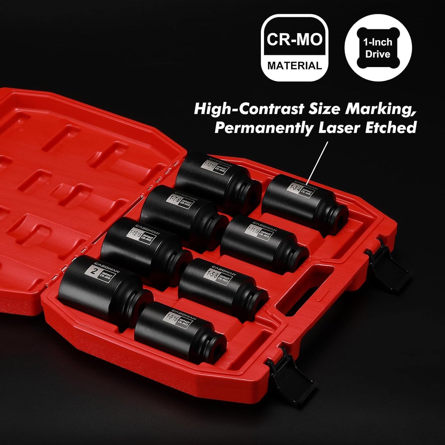 CASOMAN 8PCS 1/2"Dr. Deep Impact Socket Set-SAE, 1-9/16" to 2", 6-Point, Spindle Axle Nut Impact Socket Set, CR-MO, Impact Grade