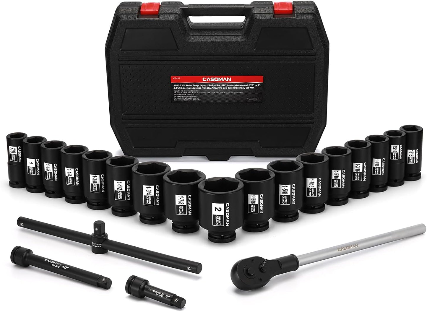 CASOMAN 9PCS 3/4" Drive Spindle Axle Nut Impact Socket Set, Include 1/2" to 3/4" Adapter, 6 Point, CR-MO, 2-1/16" to 2-1/2", Large Socket Set, Heavy Duty Use In Removing And Installing Axle Nuts