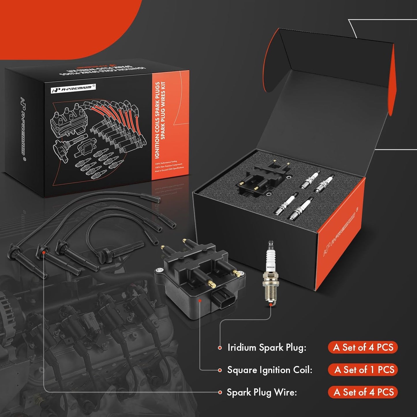 A-Premium 1 Ignition Coils with 4 Wire and 4 Iridium Spark Plugs Compatible with Subaru Outback 2004, Legacy 2004, Baja 2004-2006, 2.5L