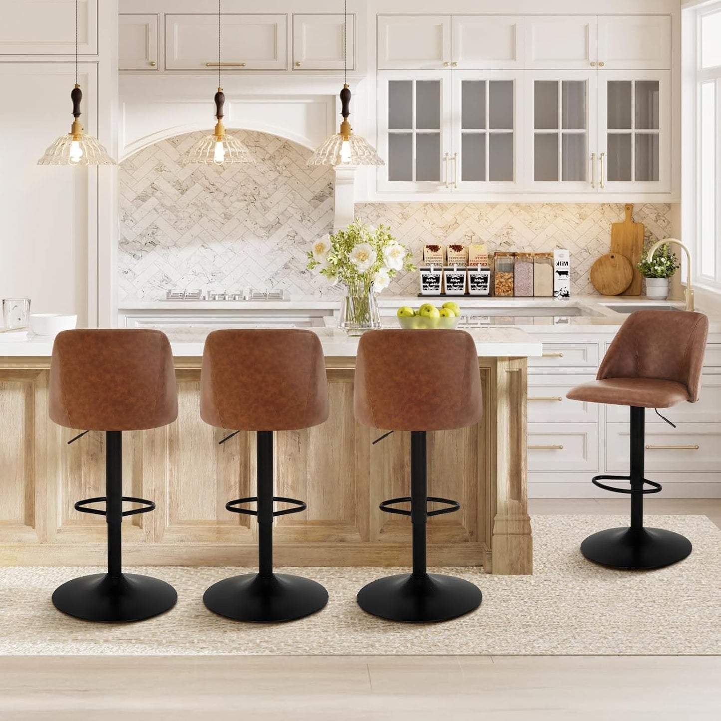 COLAMY Bar Stools Set of 3, Modern Swivel Bar Chairs, Adjustable Upholstered Barstools Counter Height with Full Backrest for Bar, Dining Room, Kitchen Island, Beige