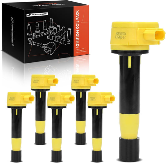 A-Premium (Yellow) Engine Ignition Coil Pack Compatible with Honda Accord 2008-2012, Accord Crosstour, Pilot, Odyssey, Ridgeline, Crosstour & Acura MDX, RDX, TSX, TL, ZDX, RL, 3.5L 3.7L, 6-PC Set
