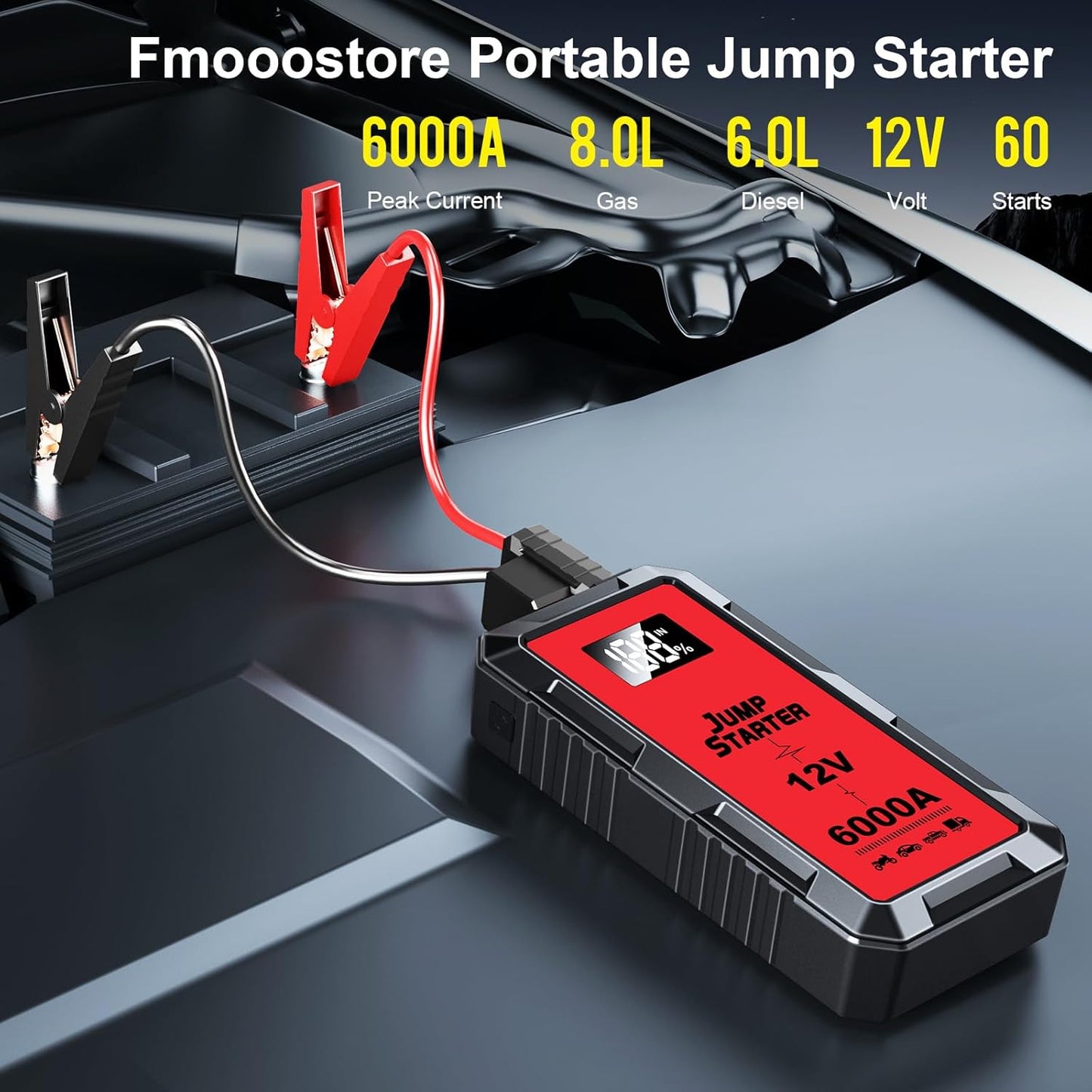 Car Jump Starter 6000A, 12V Jump Starter Battery Pack (All Gas,up to 10.0L Diesel Engine) Jumper Cables Portable Lithium Jump Box, USB Output and LED Light