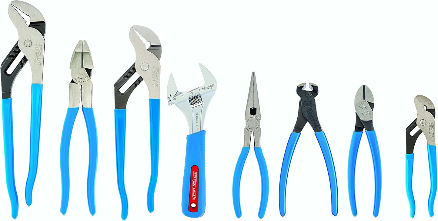 CHANNELLOCK TOOL ROLL-8 8-Piece Professional Tool Set with Tool Roll, Includes Straight Jaw Tongue & Groove, Linemen's, Cutting, and Long Nose Pliers, 1 Adjustable Wrench and Tool Roll