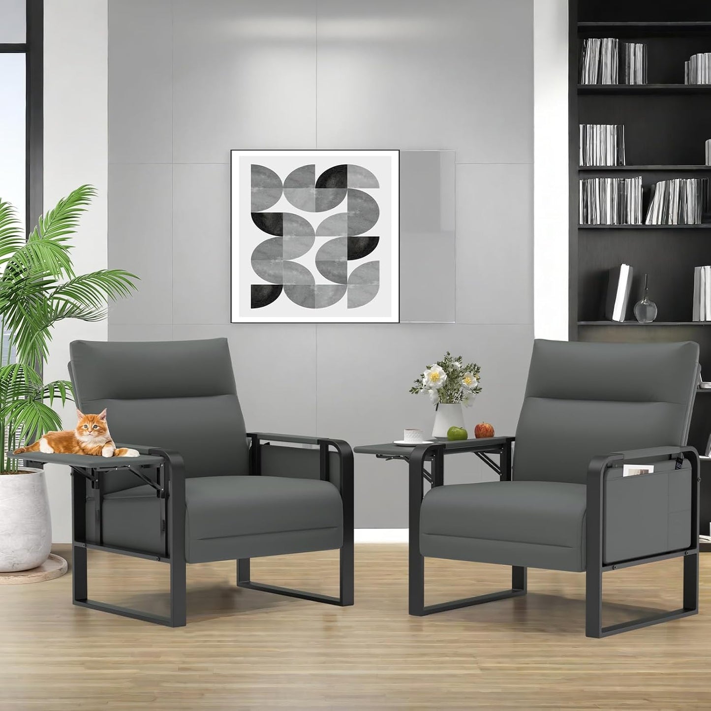 Upholstered Accent Chairs Set of 2, Faux Leather Armchair with Tray Table, Comfy Reading Chair for Living Room, Bedroom, Guest Room, Gray