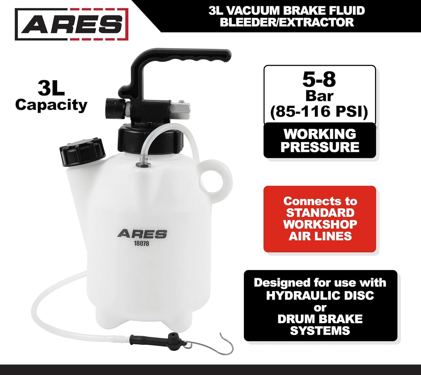 ARES 18078 – 3-Liter Vacuum Brake Fluid Bleeder – 3L Fluid Extractor Connects to Standard Shop Air Supply – Manual Trigger Locks for Hands-Free Use – Bleeds from Caliper Without Need for Adapters