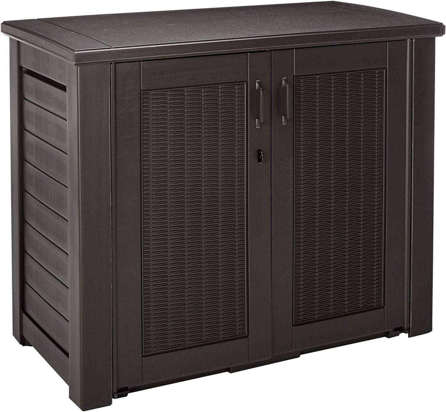 Rubbermaid Decorative Outdoor Storage Cabinet (123 Gal), Weather Resistant, Brown, Organization for Home/Backyard/Pool Chemicals/Toys/Garden Tools/Porch/Patio Cushions