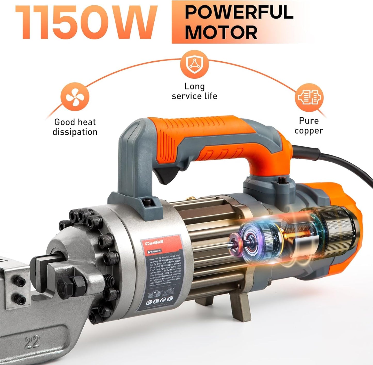 7/8" Electric Hydraulic Rebar Cutter 2-2.5s Cutting Speed Portable Rebar Cutter Cutting Rebar 4-22mm #7 1150w 120v/60hz (RC22)