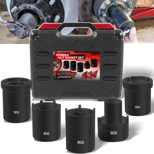 5 Pack Spindle Nut Socket Tool Kit, Axle Hub Lock Nut Socket Remover Installer 1/2” Drive for Ford Dana 50 60, w/Storage Case Replace# 648636, Lug Out Spindle Sockets Set