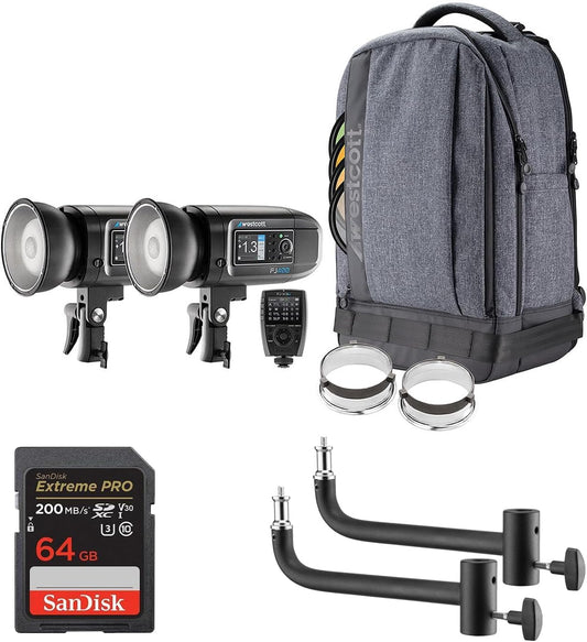Westcott FJ400 Strobe 2-Light Backpack Kit with FJ-X3m Universal Wireless Trigger, 8 Inch Shorty Offset Extension Arm (Set of 2) and 64GB Extreme PRO Memory Card Bundle Set