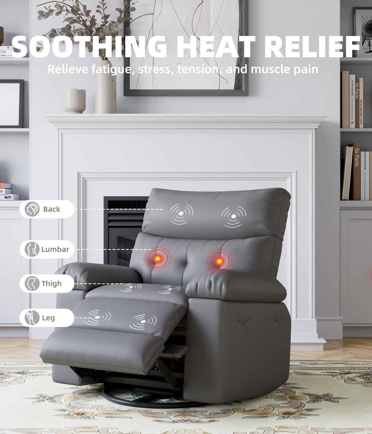 27" Oversized Recliner Chairs with Heat and Massage - 360° Swivel Lazy Recliner Chair for Adults- Manual Rocking Chair with Remote Control for Living Rooms, Bedrooms and Nurseries - Grey