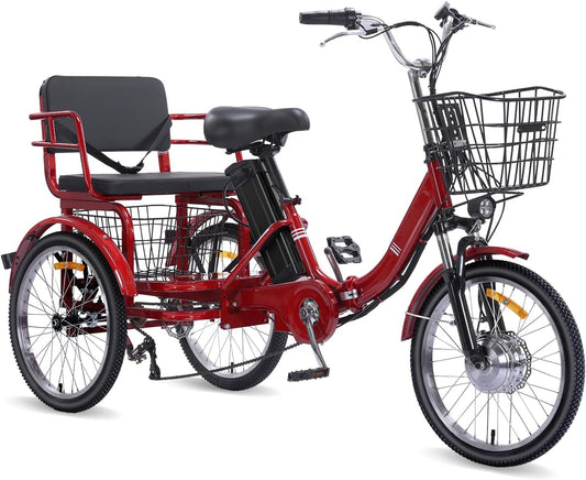 Two Seater Electric Tricycle for Adults, Peak 500W 3 Wheel Electric Bike with Passenger Seat, 48V 13Ah Battery, Folding Motorized Trike with Rear Basket for Women and Seniors