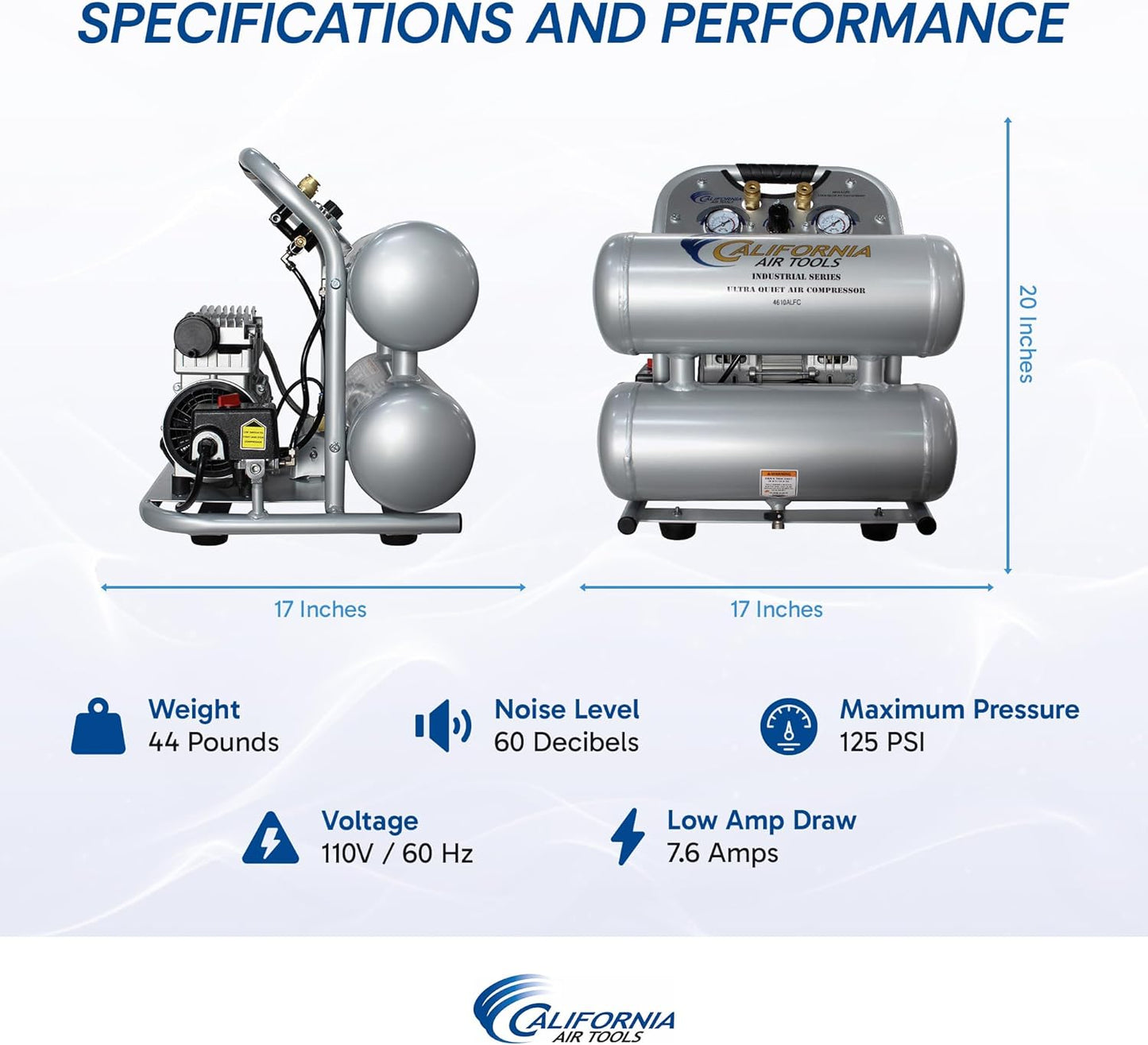 California Air Tools 4610ALFC 1.0 HP Ultra Quiet and Oil-Free Air Compressor, 4.6 Gallon Aluminum Twin Tank, 60 dBA Noise Level, Lightweight, Portable, Industrial Series, Silver