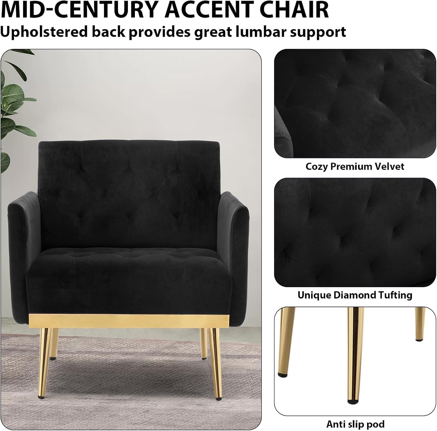 Black Velvet Accent Chairs Set of 2, Comfy Button Tufted Armchair, Upholstered Arm Chair Single Sofa Reading Chairs with Arms and Gold Metal Leg for Living Room Bedroom Nursery Office