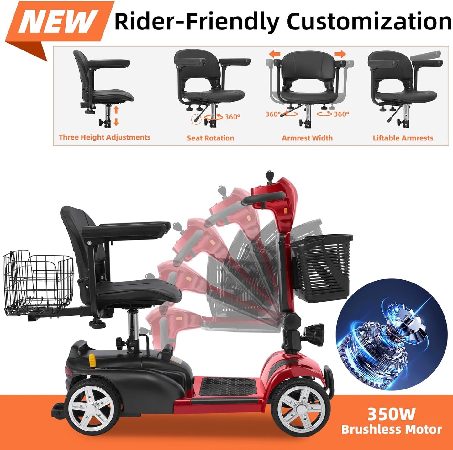 15/30 Miles 4 Wheels Mobility Scooter for Adults&Seniors Up to 300LBS, 350W Electric Powered Wheelchair Device w/Extended Battery, Dual Baskets, Rotating Seat, USB Charging