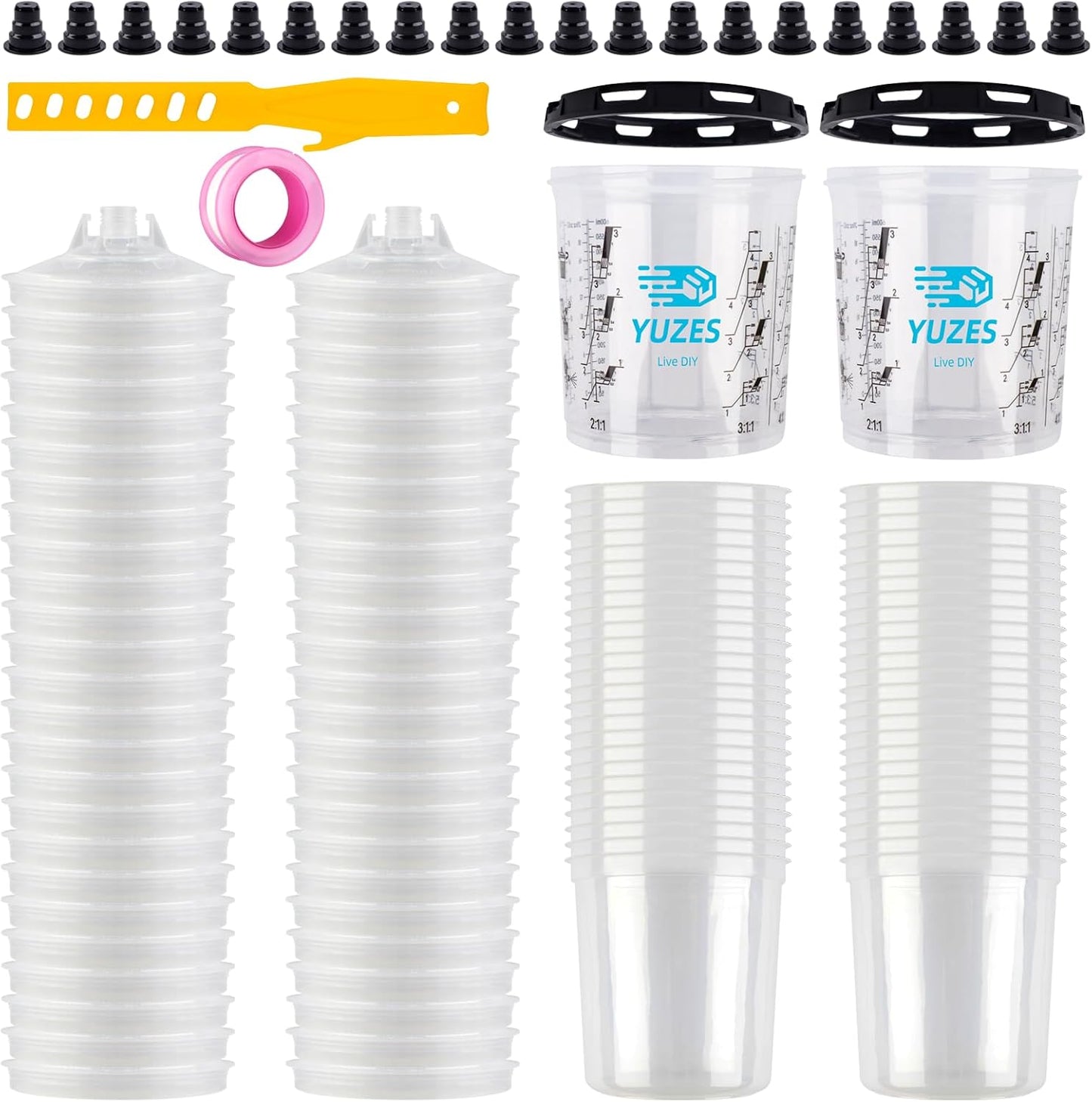 YUZES Paint Mixing Cups System 20 Ounce (600ml), 50 Disposable Paint Cups Liners and Lids, 2 Hard Cup with Retainer Ring, 20 Plugs, PTFE Tape, Paint Stirrer, 2 Cup Adapter for Automotive Paint Gun