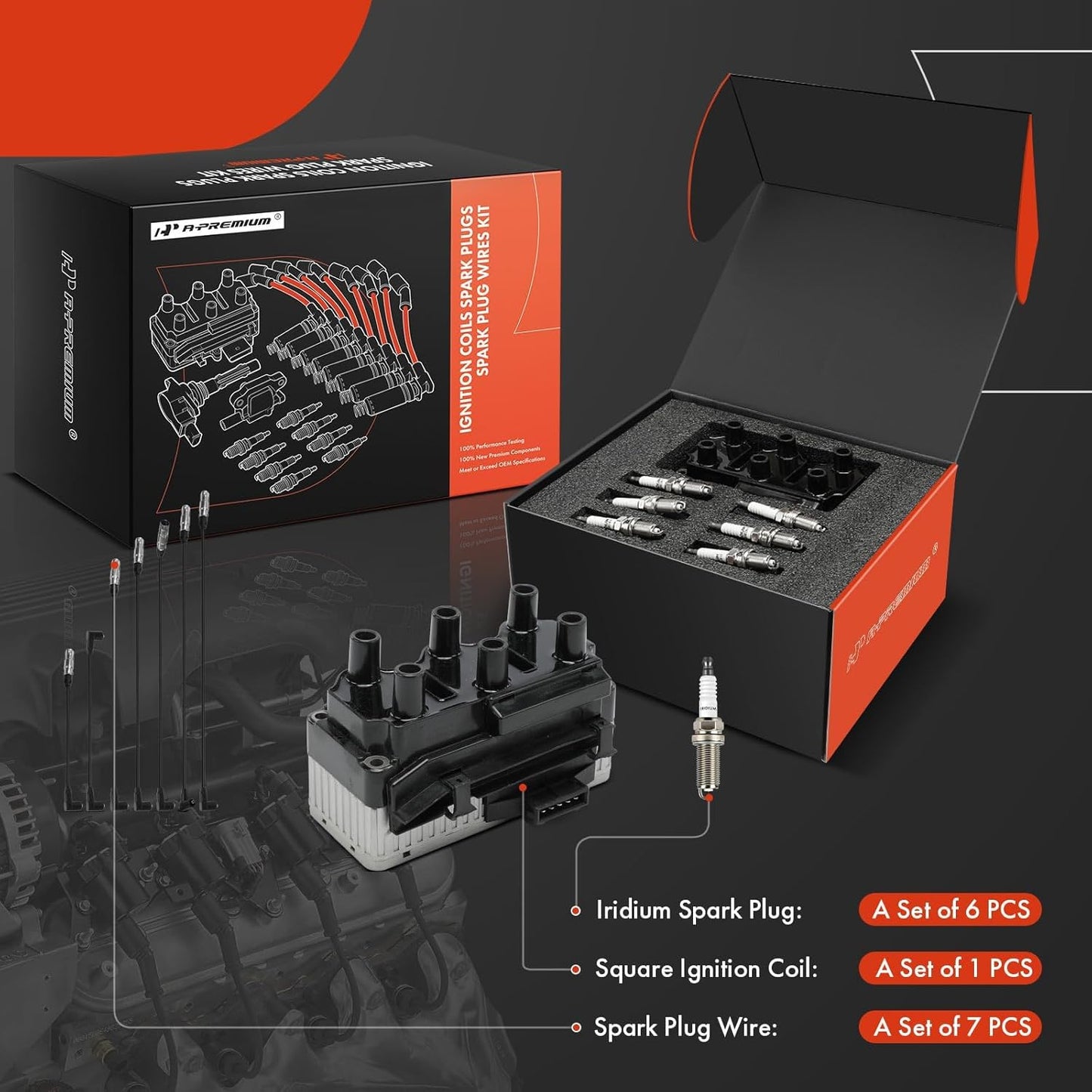 A-Premium 1 Ignition Coils with 7 Wire and 6 Iridium Spark Plugs Compatible with Volkswagen Jetta 1994-1998, Passat 1994-1997, Golf 1995-1998, Corrado 1993-1994, 2.8L