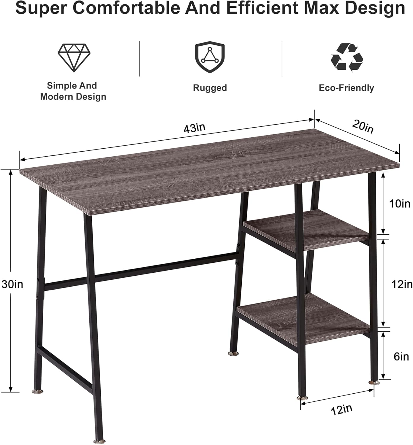 VECELO 43 Inch Computer Desk Writing Study Work Office Table Modern Desk with Shelves Wooden Desk for Home Bedroom,Brown Desk