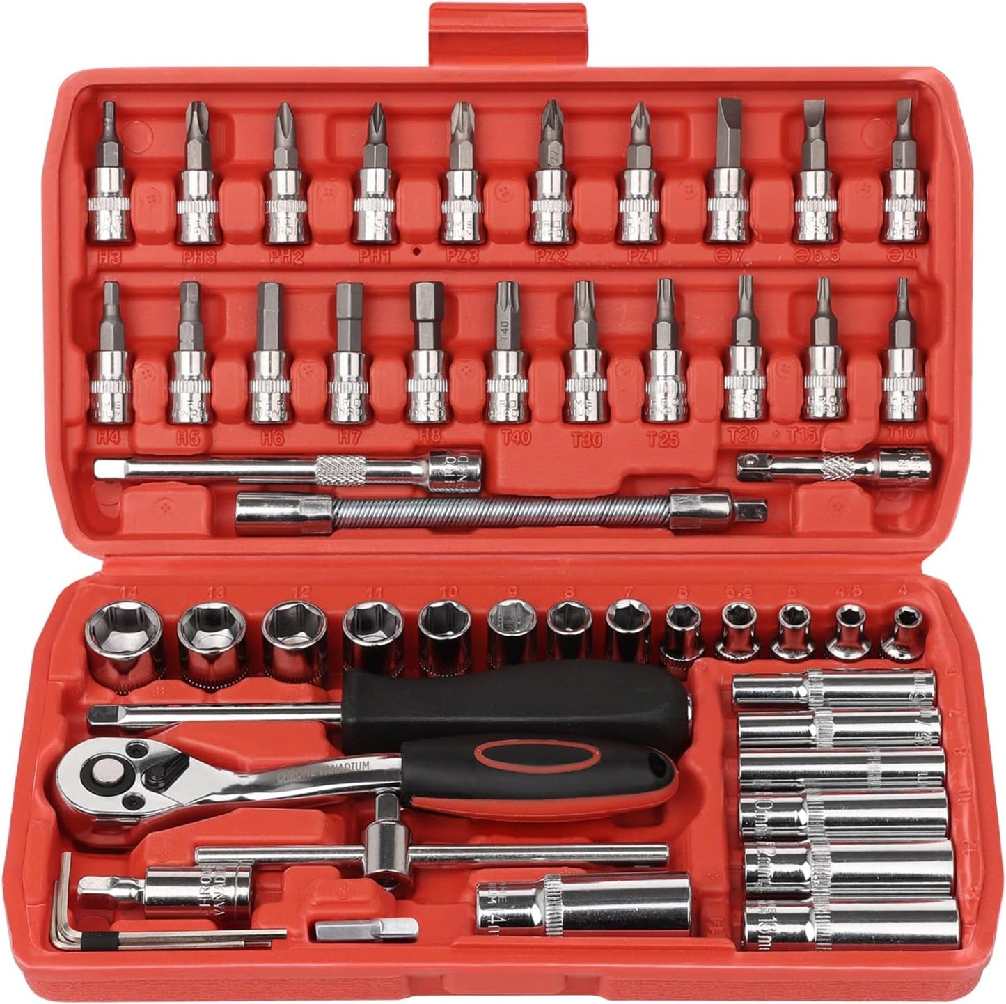 3/8” Drive Socket Set, 76 Pieces Ratchet Wrenches Set, Standard and Deep Metric (8 to 19mm)/SAE (5/16 to 3/4 inch) Size, with 72-Tooth Ratchet for Auto Repairing and Household, with Storage Case