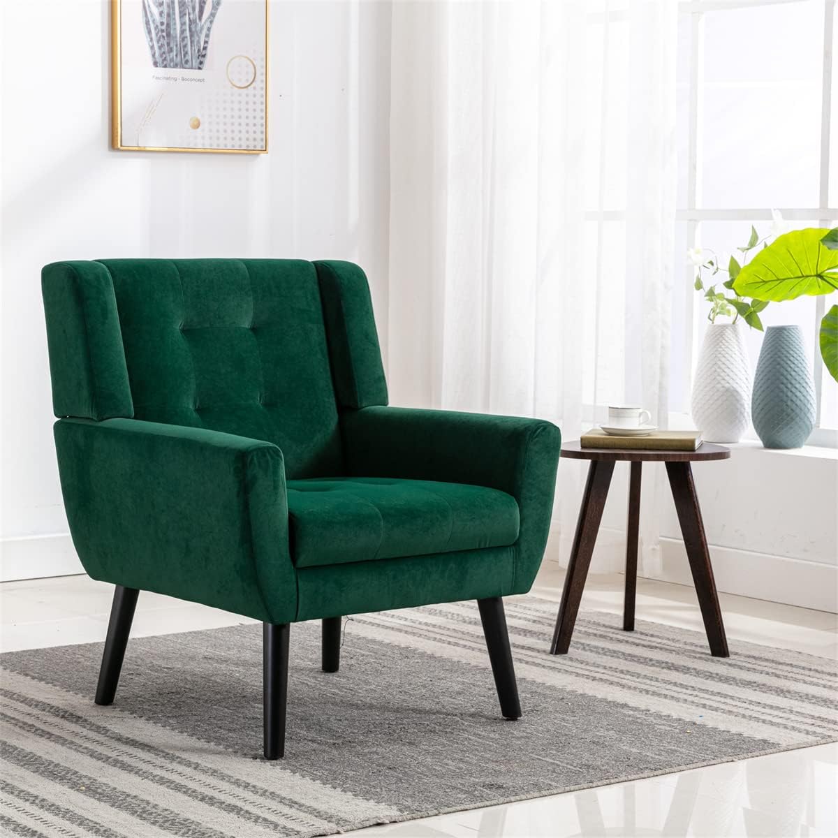 Velvet Accent Armchair,Upholstered Fabric Living Room Chair Ergonomics Chair Home Chair with Solid Black Legs,Tufted Back Decorative Chair Reading Chair for Indoor Home Living Room,Pink