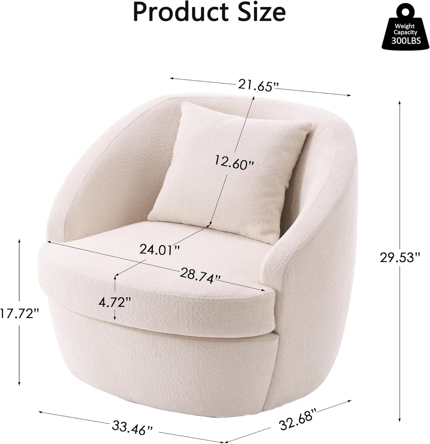 Rowill 360° Swivel Accent Chair, Modern Upholstered Boucle Fabric Single Armchair with Back Pillow, 33” Wide Cozy Round Barrel Living Room Chair for Bedroom, Reading Nook, Club Nursery, White