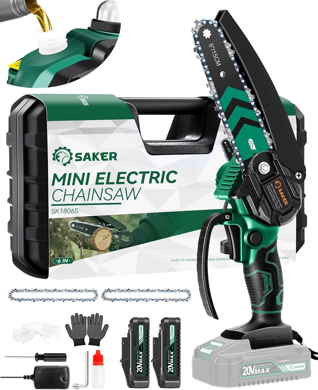 Saker Mini Chainsaw with Auto Oiler|6 Inch Chainsaws[2025 Upgraded]|Mini Cordless Electric Chain Saw|Small Handheld Portable Chainsaw Battery Powered for Tree Trimmer and Garden 2 Batteries+3 Chains
