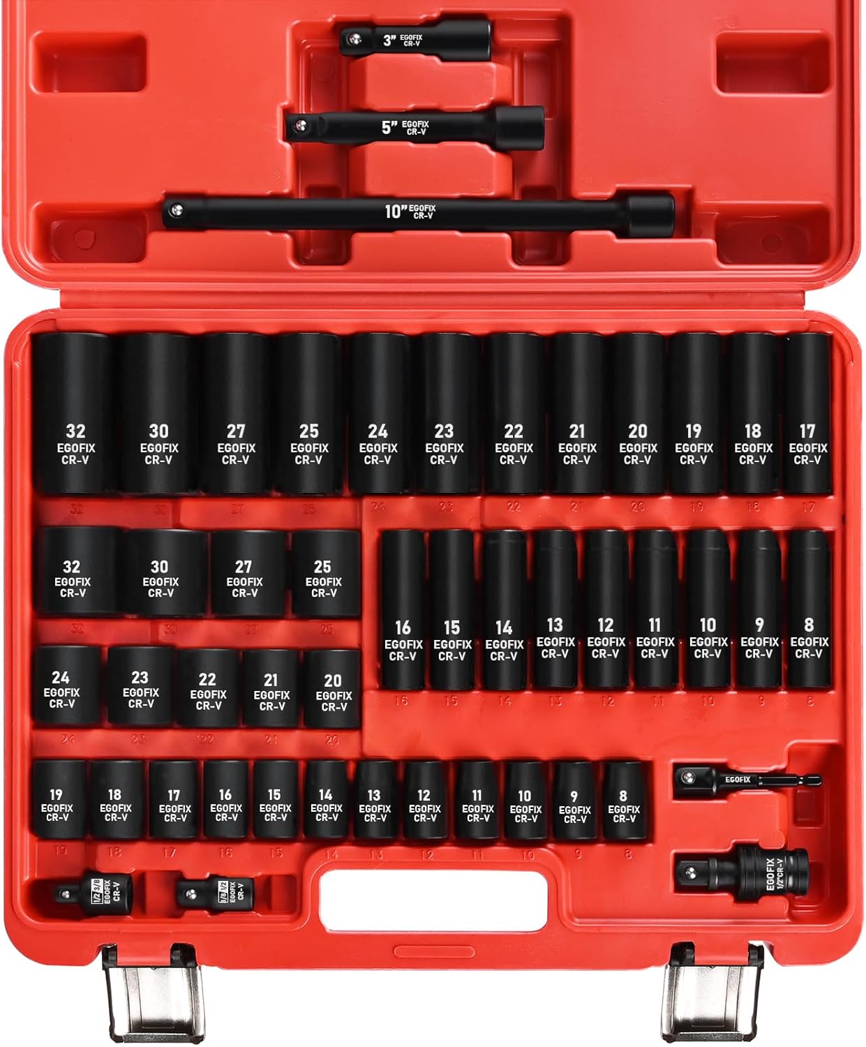 3/8" Drive Impact Socket Set, 50 Piece Standard SAE (5/16 to 3/4 inch) and Metric (8-22mm) 6 Point, with Adjustable Ratchet Handle, Extension Bars, Impact Universal Joint, Adapter, Cr-V Steel