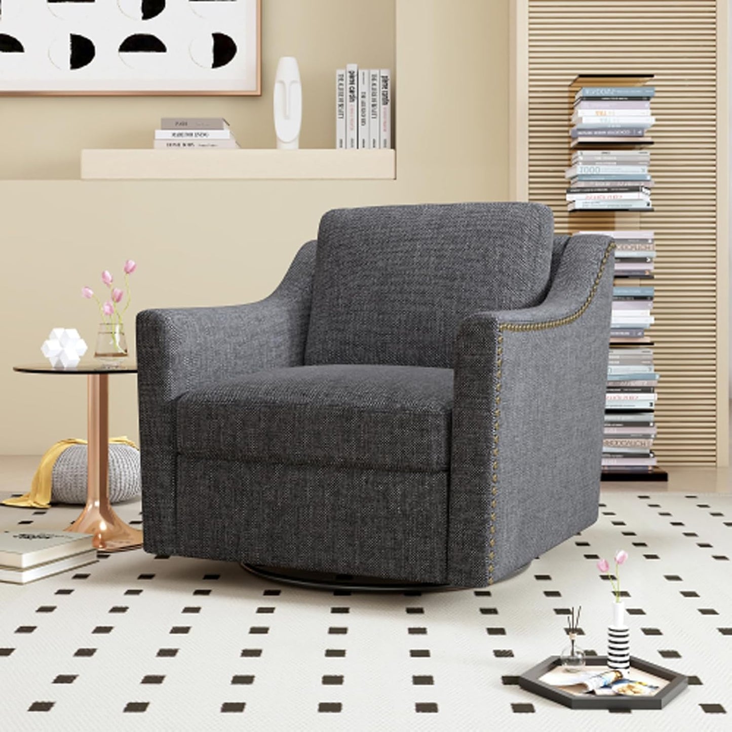 360 Degree Swivel Armchair Brass Nail Decorative Armchair Living Room Chairs Bedroom Chairs Living Room Chairs Suitable for Indoor Homes (Cotton Linen-Foam,BlackGray)