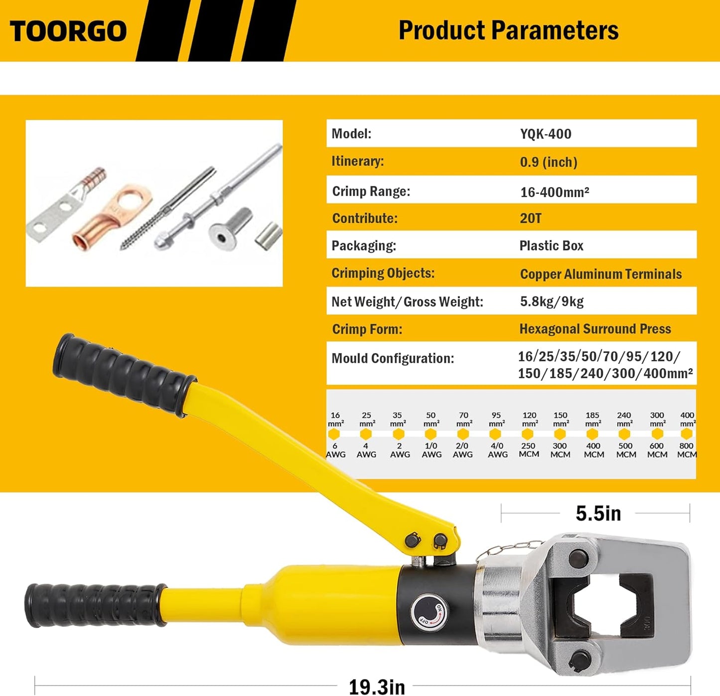 Cable Lug Crimping Tool, 6 AWG to 800 MCM Hydraulic Plier, 16 Ton Hand Crimping Tool for Wires, Terminal, Lug, Crimping Tool Kit with 12 Dies
