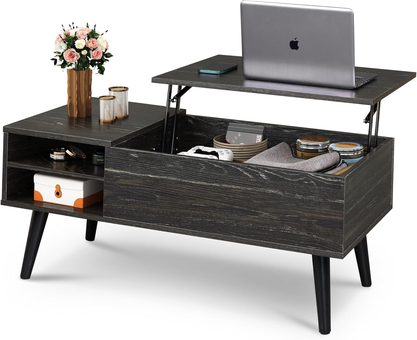 WLIVE Lift Top Coffee Table for Living Room,Small Coffee Table with Storage, Adjustable Shelf and Storage Compartment, Mid Century Modern Living Room Table, Wood, Rustic Brown