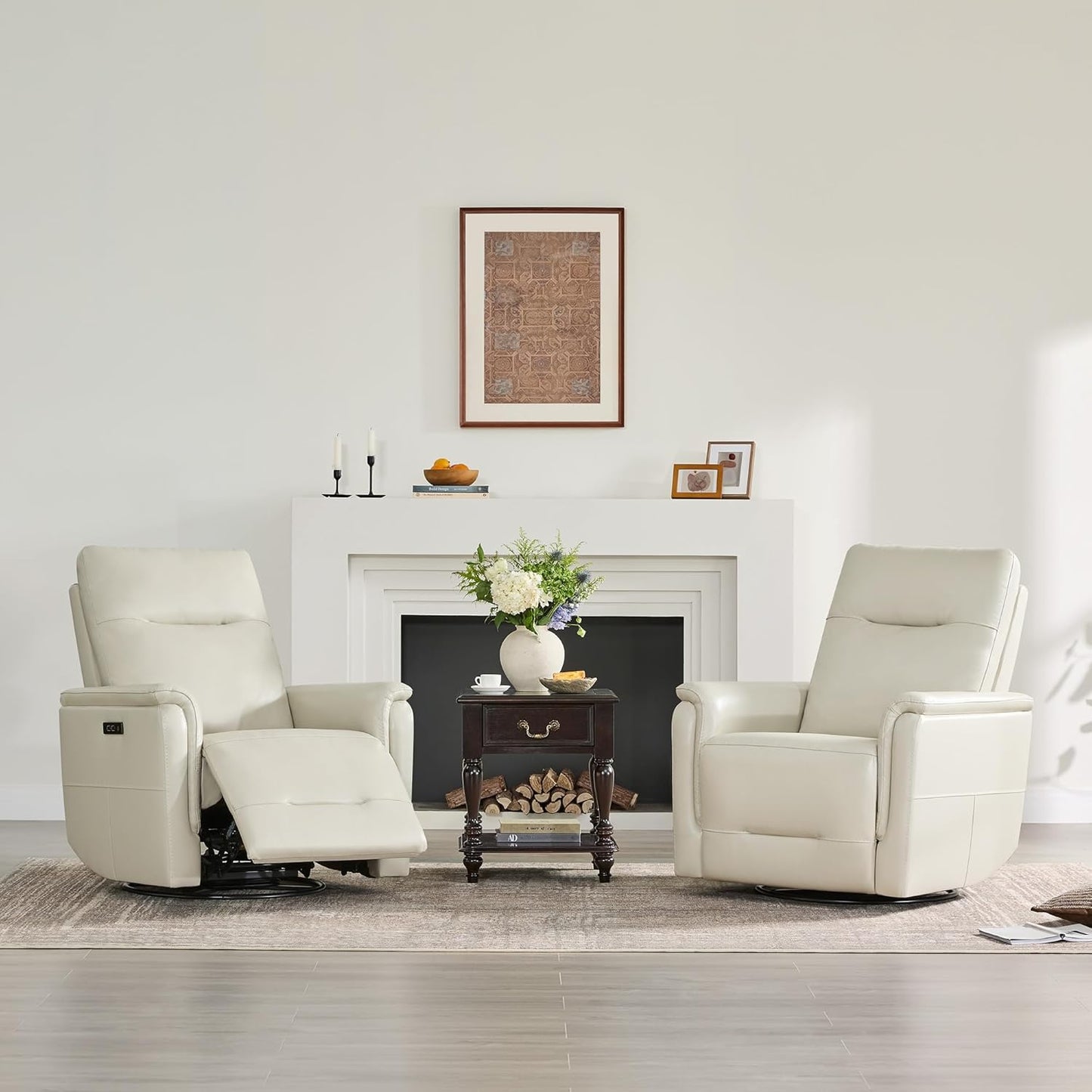 Watson & Whitely Genuine Leather Power Recliner Chairs W Power Headrest for Adults, Swivel Glider Recliner Chair W Charging Ports for Living Room, Light Grey