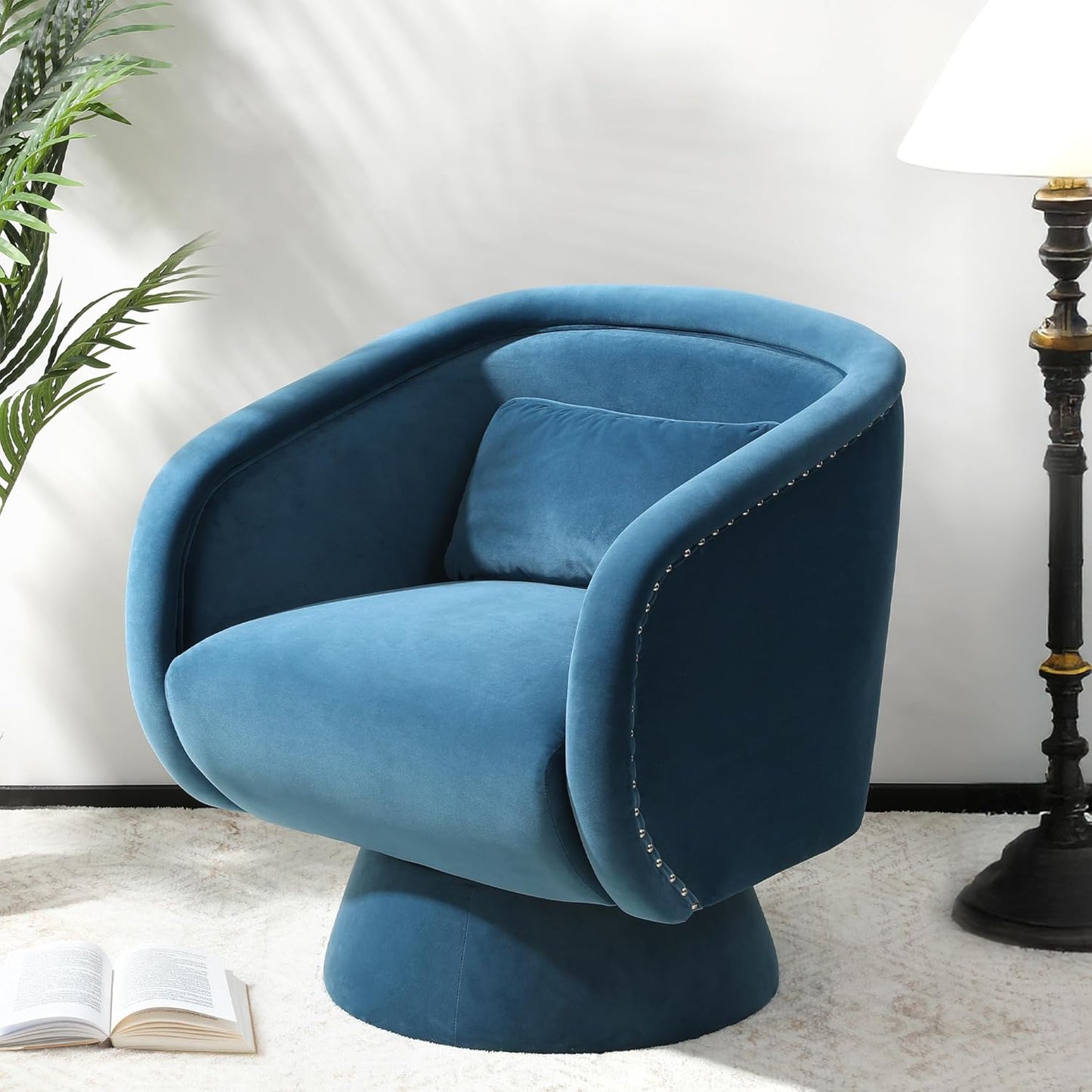 RoyalCraft Swivel Barrel Chair?360 Degree Swivel Accent Chair, Modern Round Chair with Pillow, Comfy Fabric Living Room Chairs for Bedroom, Office, Blue