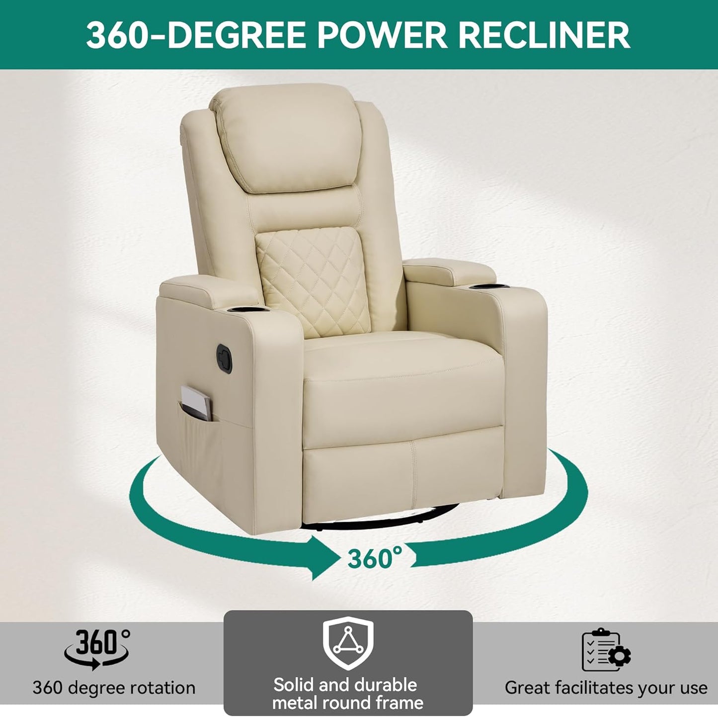 YITAHOME Swivel Rocking Recliner with Massage and Heat, Hidden Arm Storage, Faux Leather Rocker Recliner Chairs with Cup Holders, Comfy Home Theater Seating, Manual Recliner for Living Room, Beige2