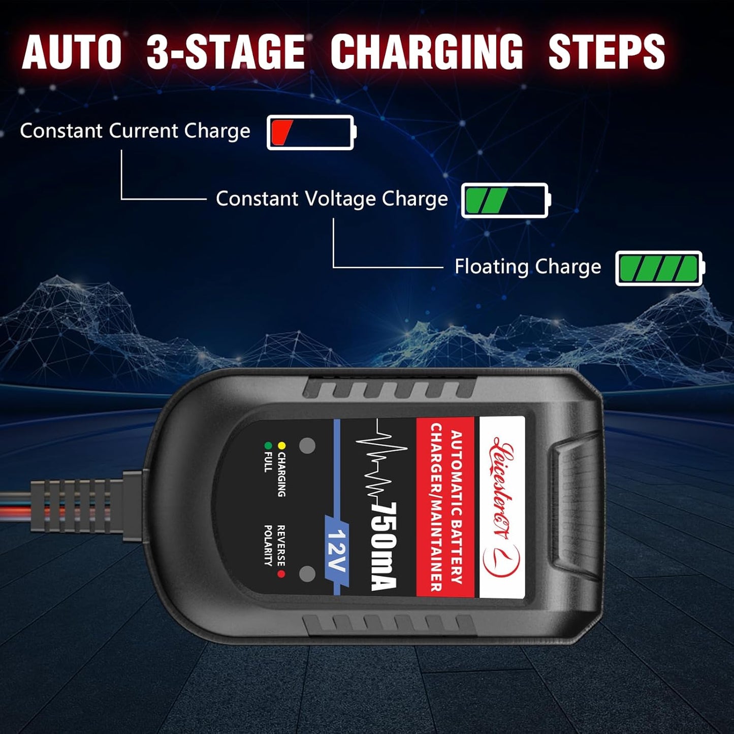 [4-Pack] LEICESTERCN Automatic Trickle Battery Charger Maintainer 12V 750mA Smart Float Charger for Car Motorcycle Lawn Mower Tractor Boat SLA ATV Wet AGM Gel Cell Lead Acid Batteries