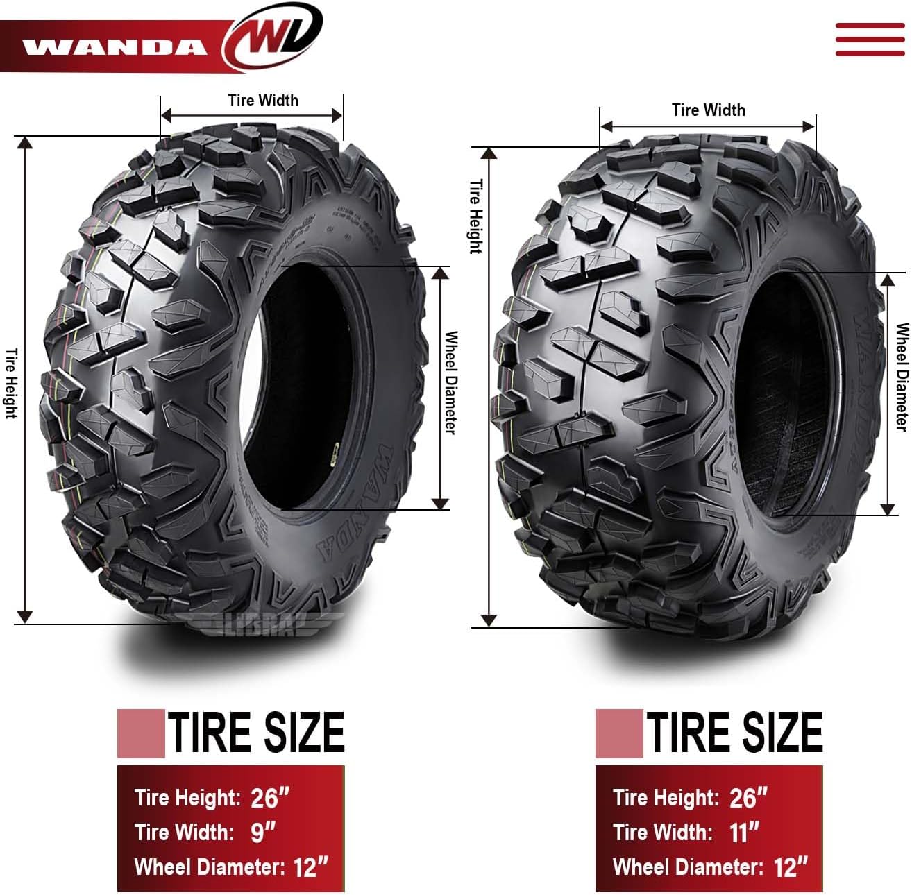 WANDA Set of 4 Radial ATV Tires 26x9R12 & 26x11R12 for 2017 Polaris Ranger 1000 Crew/XP