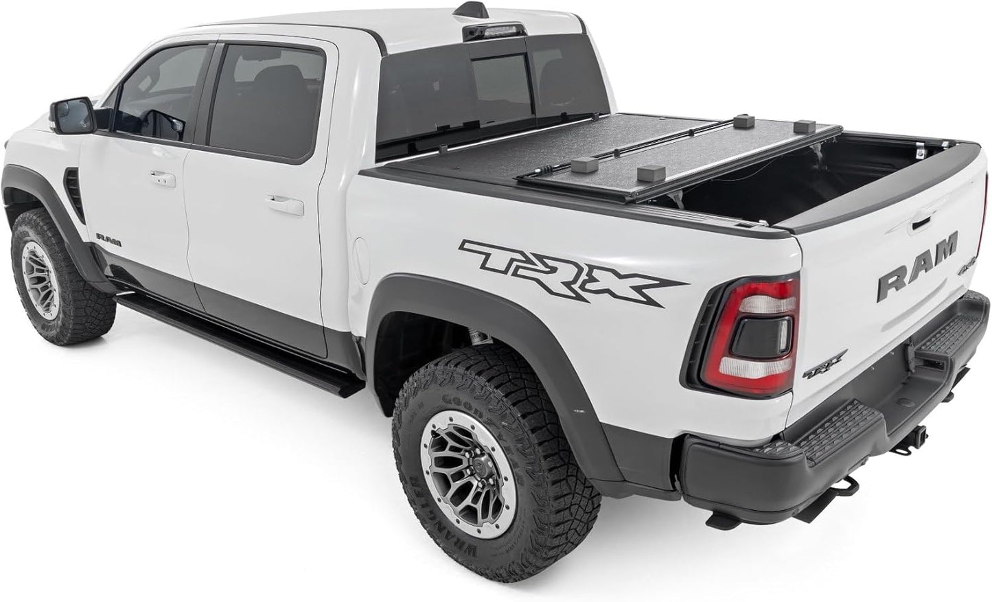 Rough Country Hard Tri-Fold Tonneau Cover for Ram 1500 (2019-2025) & 1500 TRX (2021-2025) - Low-Profile Aluminum Truck Bed Cover, Fits 5'7 Bed