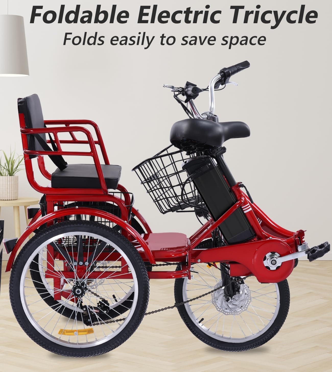 Two Seater Electric Tricycle for Adults, Peak 500W 3 Wheel Electric Bike with Passenger Seat, 48V 13Ah Battery, Folding Motorized Trike with Rear Basket for Women and Seniors