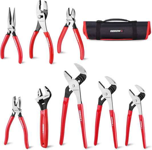 ARROW 8PCS Pliers & Wrench Set, 6" Needle Nose Pliers, 6" Diagonal, 7" Linesman, 8" Slip Joint, 8" & 10" & 12" Groove Joint and CRV 8" Adjustable Wrench, Portable Rolling Bag With Handle