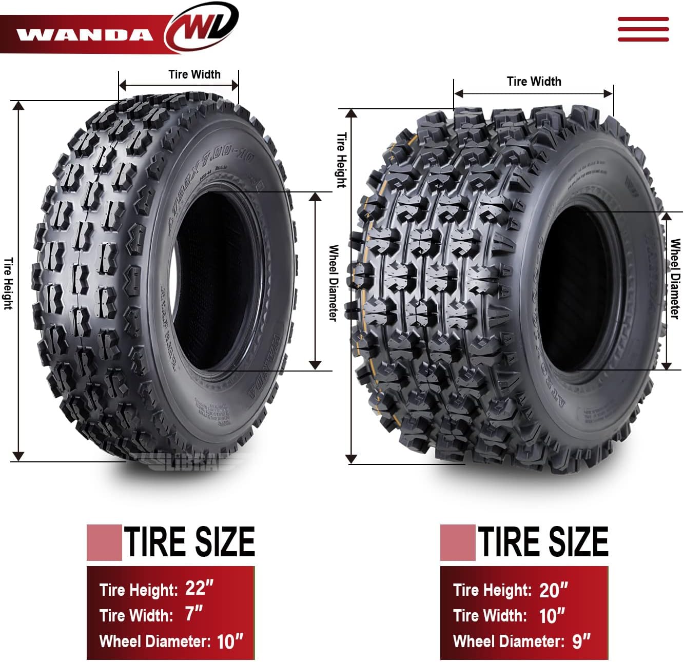 WANDA Set 4 Sport ATV tires 22x7-10 & 20x10-9 Yamaha Raptor 700 700R GNCC Race