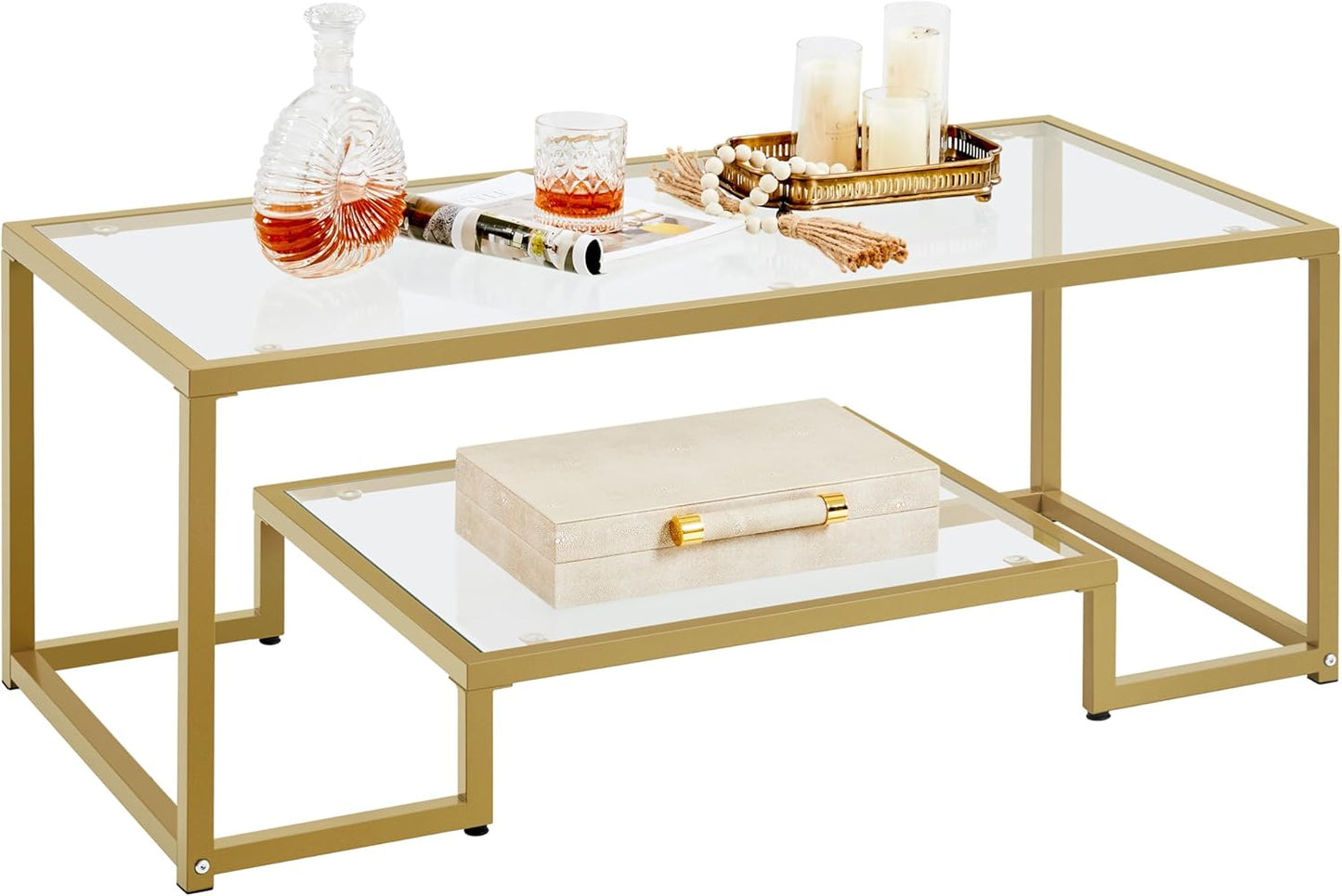 Yaheetech Coffee Table, Tempered Glass Coffee Table, Modern Simple Center Tables w/Geometric-Inspired Design & Metal-Frame & Easy Assembly & Open Storage Shelf for Living Room, Office, Black