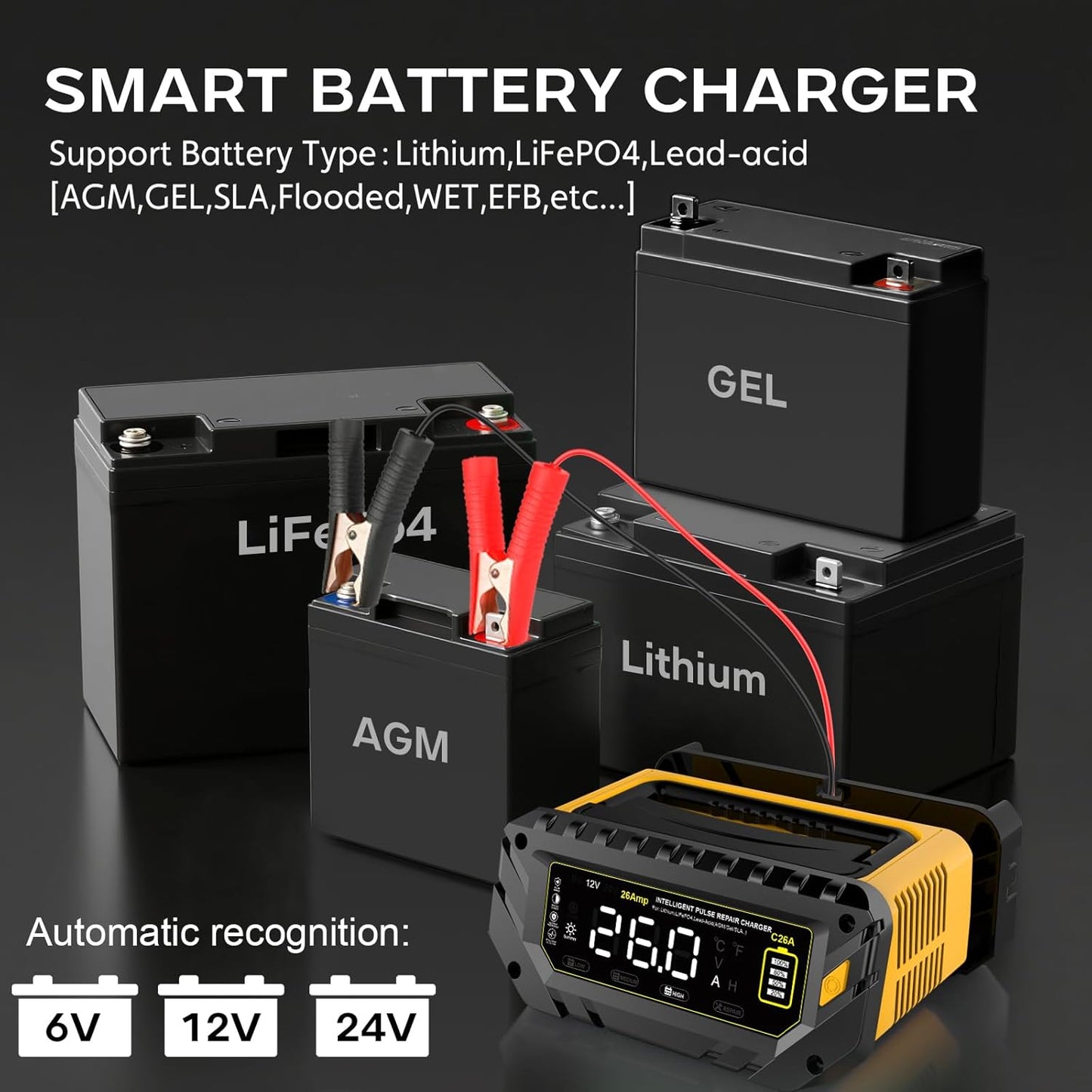 26 Amp Battery Charger, 6V/12V/24V Lithium LiFePO4 Lead Acid Smart Car Battery Charger, Automotive Maintainer Trickle Charger for Car, SUV, Motorcycle, Boat, Lawn Mower