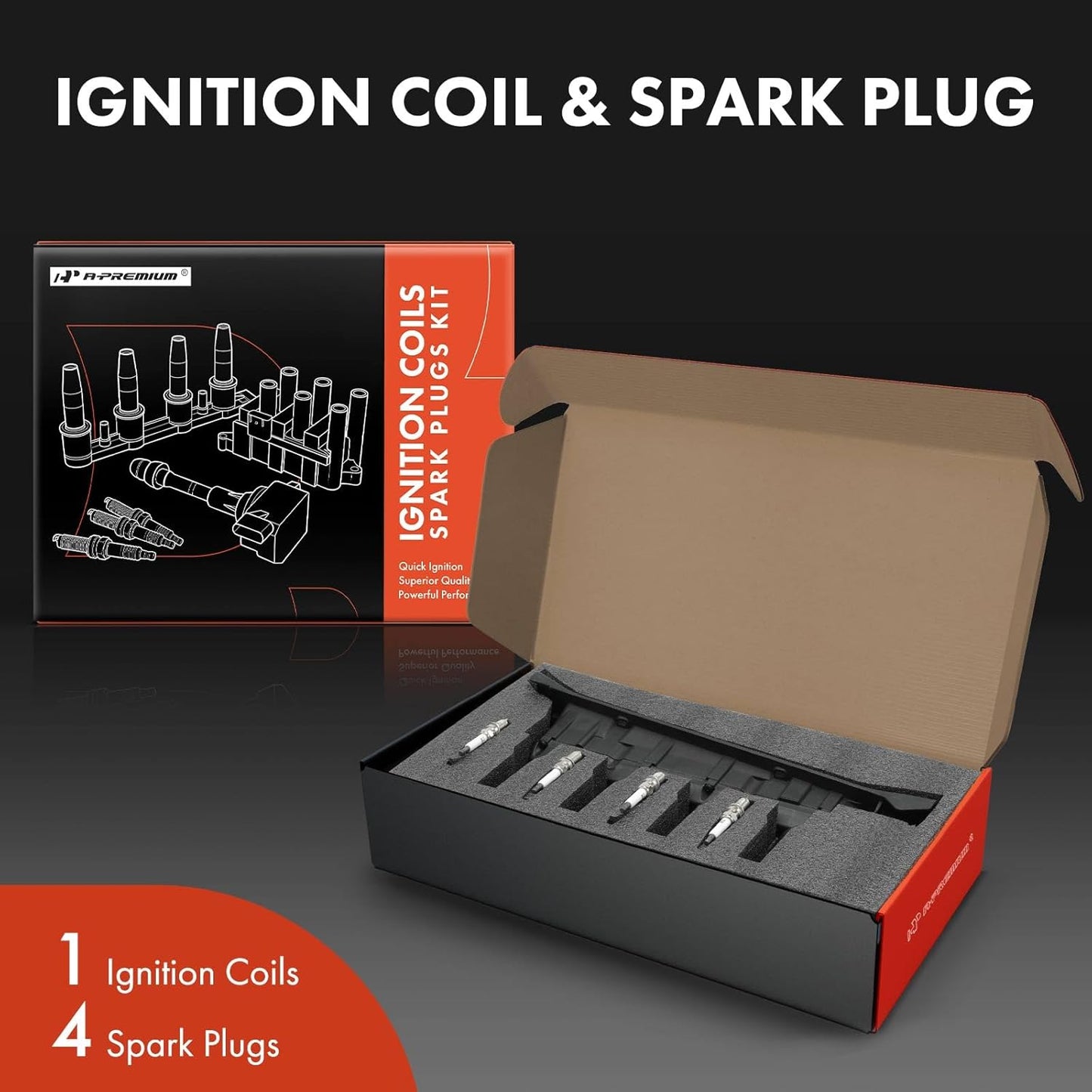 A-Premium 1x Ignition Coil Pack and 4x Iridium Spark Plugs Compatible with Saab 9-3 2000-2002, 9-5 1999-2003, 2.0L 2.3L, Replace# 55559955, 61058535