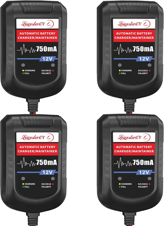 [4-Pack] LEICESTERCN Automatic Trickle Battery Charger Maintainer 12V 750mA Smart Float Charger for Car Motorcycle Lawn Mower Tractor Boat SLA ATV Wet AGM Gel Cell Lead Acid Batteries