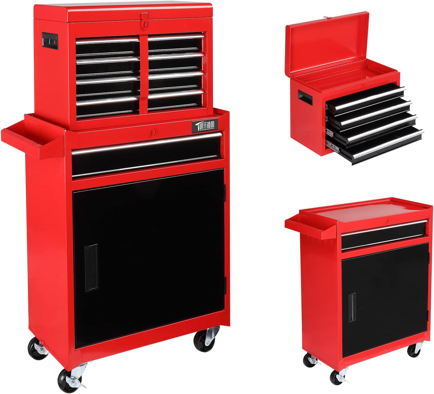 TUFFIOM 8-Drawer Rolling Tool Chest, Tool Storage Cabinet w/Lockable Wheels, Detachable Top, Drawers & Side Hooks, Mechanic Tool Organizer Box for Garage Warehouse Repair Shop