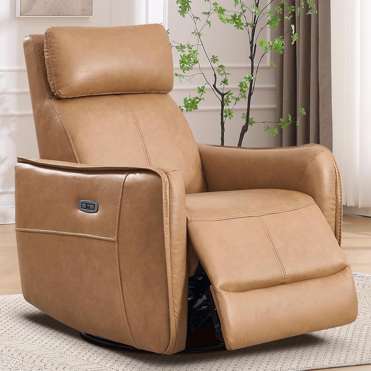 CANMOV Faux Leather Power Swivel Rocker Recliner,Glider Recliner for Nursery,Electric Swivel Rocker with USB Port,Upholstered Nursery Glider Reclining Sofa for Living Room,Brown