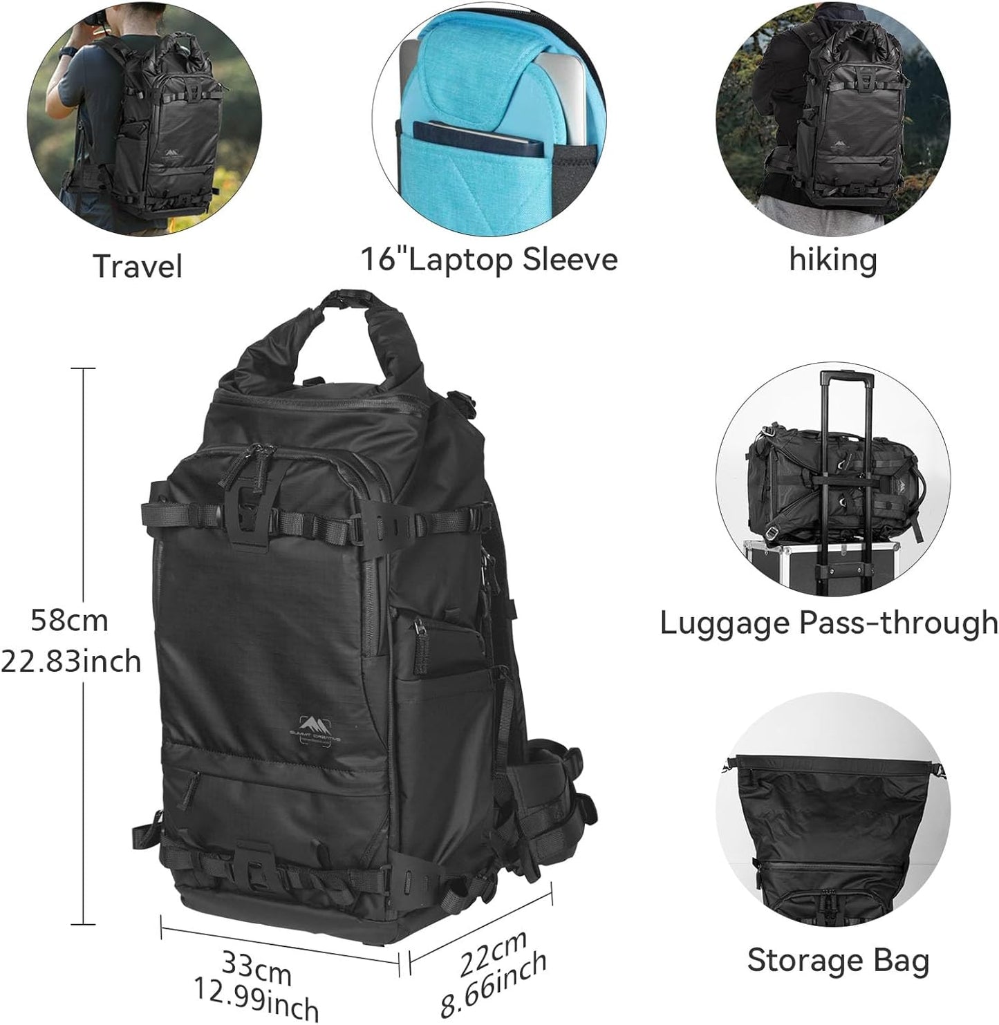 Tenzing 40 liter Water Resistant Camera Backpack 16 inch Laptop Compartment with Rain Cover Fits DSLR, SLR, Drone, Mirrorless Cameras, Batteries, Lenses,Tripod Black