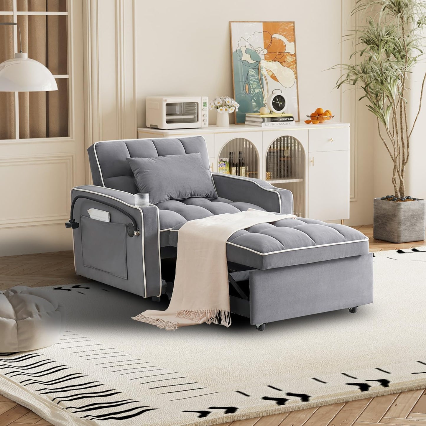 3 in 1 Sleeper Sofa Chair Bed,Velvet Convertible Sleeper Chair,Pull Out Bed Chair with USB Port & Ashtray and Swivel Phone Stand & Storage Pockets,Modern Chair for Living Room