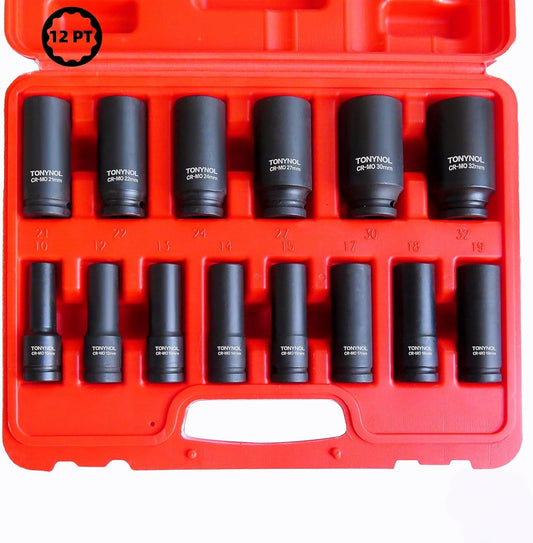 1/2 Inch Deep Drive Impact Socket Set,12-Point,Metric (10mm-32mm),14 Pcs,Cr-Mo Steel,With a Storage Case