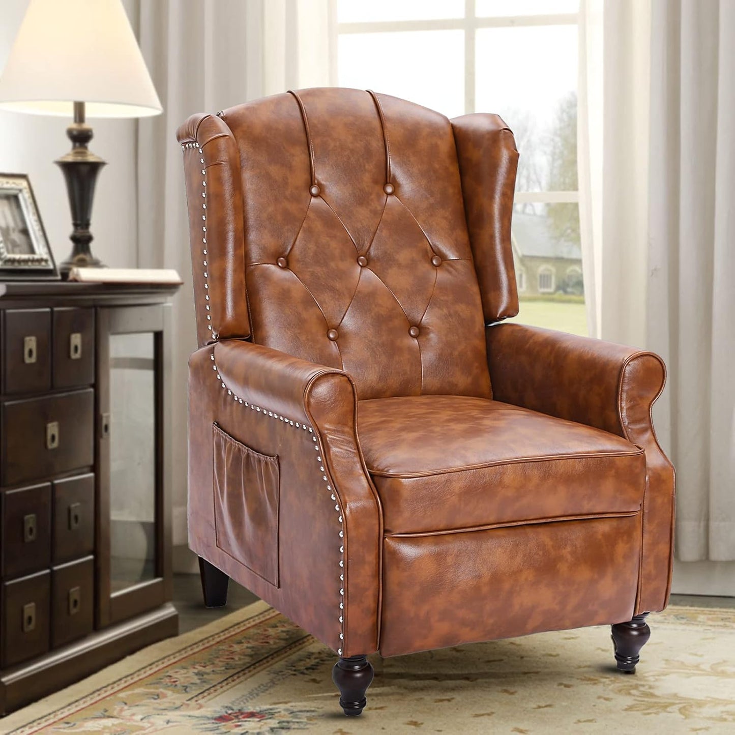 Wingback Recliner Chair, Push Back Arm Chair with Heat and Massage, PU Leather Single Sofa for Home, Living Room, Office, Bedroom(Cognac Brown,Set of 2)