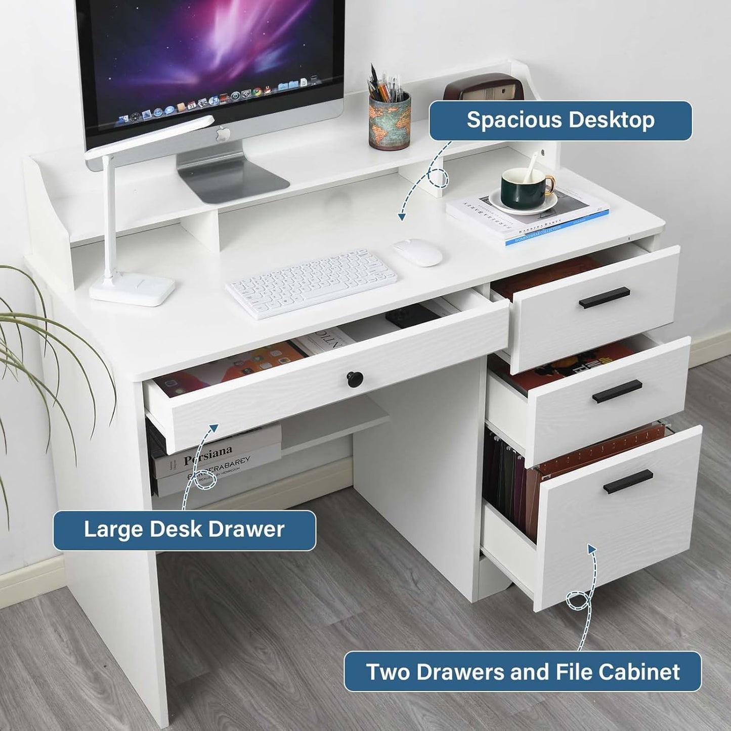 White Desk with 4 Drawers, Computer Desk with Drawers and Hutch&Shelf, Wood Writing Home Office Workstation, Student Desks for Bedrooms